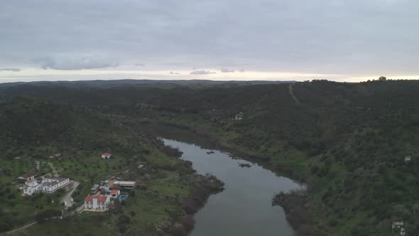 Aerial drone view of the landscape in Mertola with Guadiana river