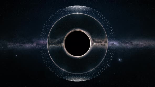 Black Hole expanding and vibrating with HUD detecting interface. Black hole event horizon in space