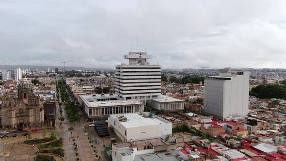 Palacio Federal Building In Downtown Guadalajara, Jalisco, Mexico On A Cloudy Day. wide aerial