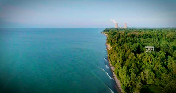 Aerial Drone Footage of the Lake Erie shoreline in Ohio on a Hot Summer Day.