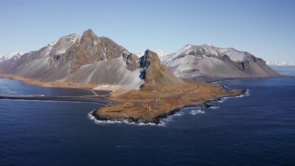 Drone Flight Pulling Back From Vestrahorn Mountain