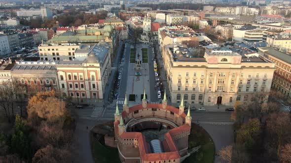 Aerial view of Barbican (Barbakan) and Matejko Square, Krakow, Poland