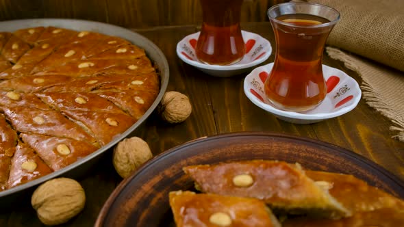 Baklava and Turkish Tea on the Table