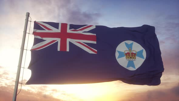 Queensland State Flag Italy Waving in the Wind Sky and Sun Background