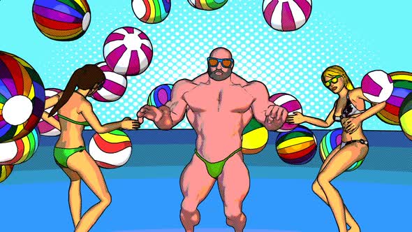 Cartoon bikini girls and a bodybuilder