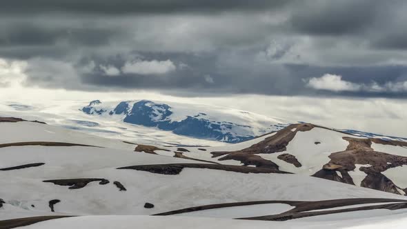 Dramatic Clouds Moving over Winter Volcanic Mountains of Katla in Iceland