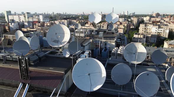 Kyiv, Ukraine: TV Antennas on the Roof of the Building. Aerial