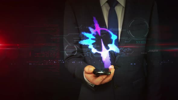 Audio spectrum music neon sign on businessman hand