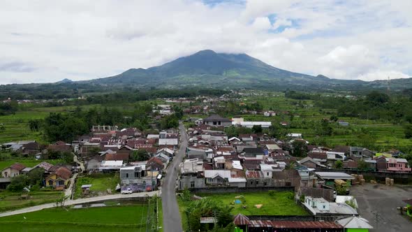 Agricultural village and plantations on Mount Sumbing slopes, Java, aerial view