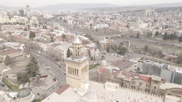 Aerial view on statue of 12th century Georgian poet Shota Rustaveli, Rustaveli Avenue.