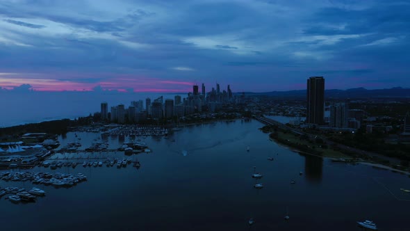 Pan from drone, early dawn, Gold Coast Broadwater