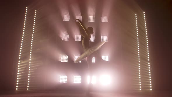 Diligent Young Graceful Ballerina Dancing Elements of Classical Ballet in the Dark with Light and