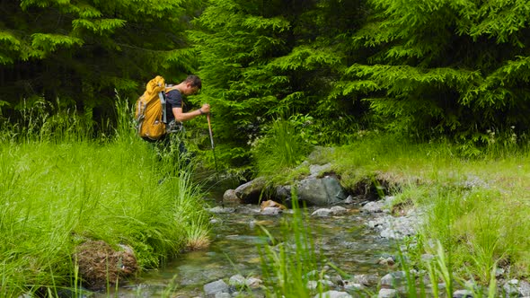 Ide View of a Tourist Young Man with a Backpack Travels Through the Forest Near the River