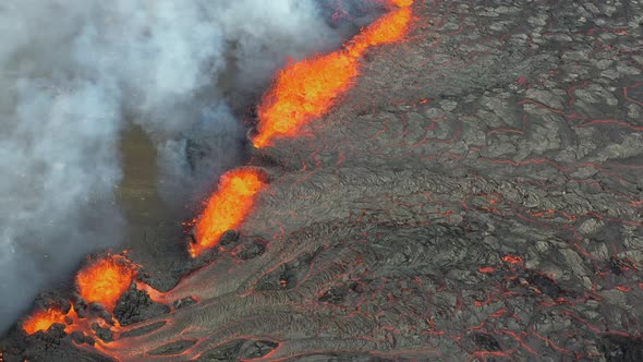 Fagradalsfjall Volcano Eruption. 4K Aerial Drone Footage Of Iceland Volcano Eruption With Smoke