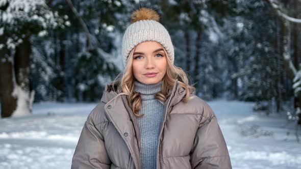 Portrait Adorable Active Woman Smiling Posing at Winter Forest Landscape