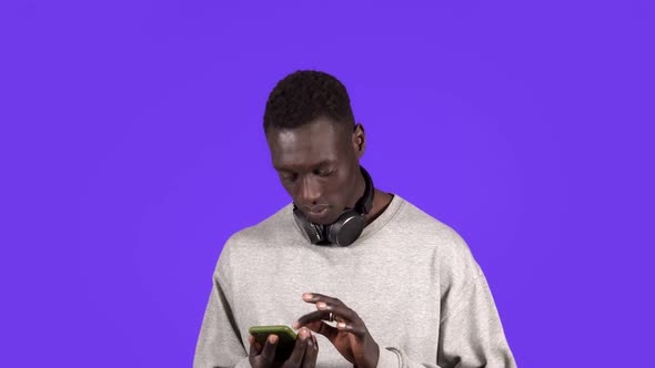 Excited Black Man Winner Hold Smartphone Read Good Internet News Amazed By Mobile Online Bet Bid