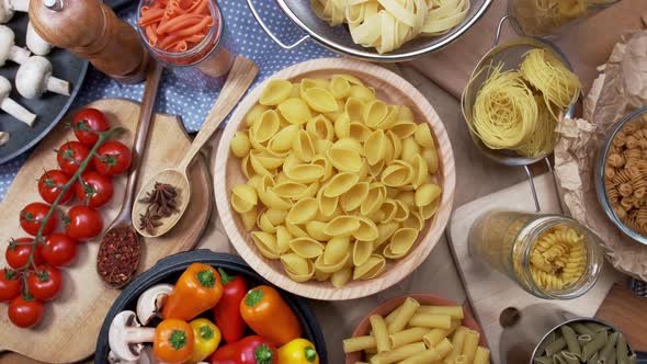 Ingredients for Making Delicious Italian Pasta Recipe. Camera Zoom in