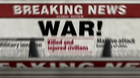 War news, humanitarian crisis and military invasion newspaper printing press