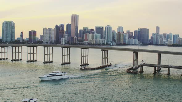 Aerial view of sailing boats and Rickenbacker Causeway