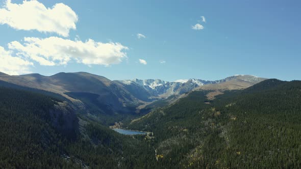 Wide landscape aerial of alpine lake surrounded by dramatic mountain range, 4K