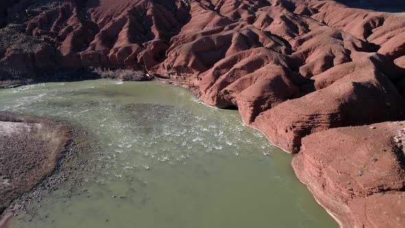 Aerial view looking down at small rapids in the Colorado River