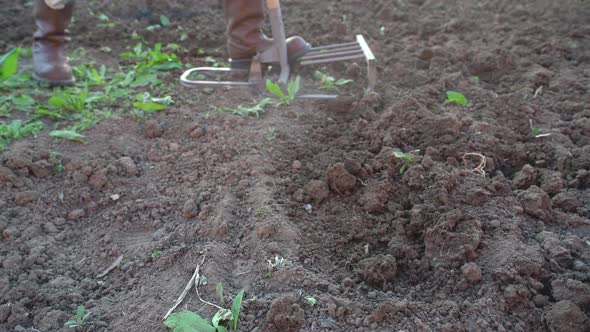 A farmer cultivates the land with a hand cultivator.