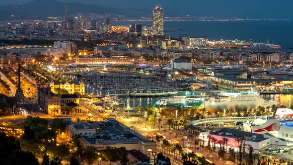 Beautiful Evening View of Barcelona, Catalonia, Spain. Time Lapse Zoom Out Shot of Barcelona City