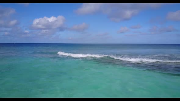 Aerial landscape of perfect island beach voyage by shallow ocean and white sandy background of a day