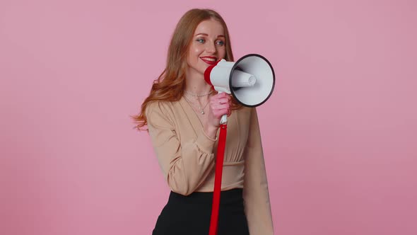 Businesswoman Girl Talking with Megaphone Proclaiming News Loudly Announcing Sale Advertisement