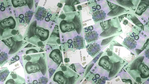 50 Chinese Yuan bills background. Many banknotes.