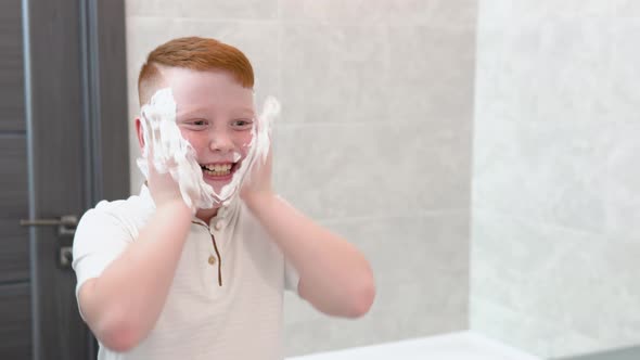 The Boy Smeared His Cheeks with Shaving Foam