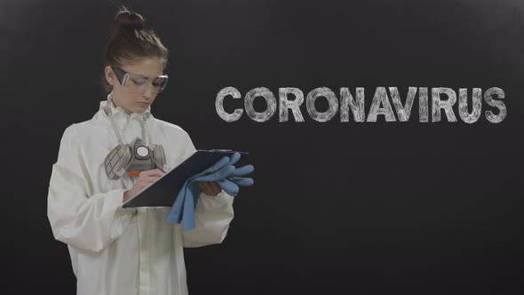 Coronavirus Symbol. Word Appear. Woman in Protective Suit and Mask on Dark Background, Virus