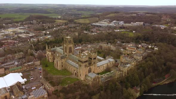 Aerial arc shot of Durham Cathedral, United Kingdom (4K)