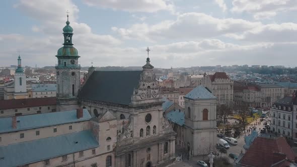 Aerial City Lviv, Ukraine. European City. Popular Areas of the City. Church