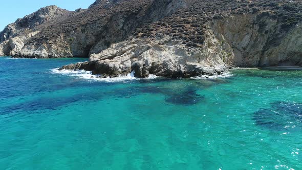 Psili Ammos beach on Serifos island in the Cyclades in Greece seen from the sky