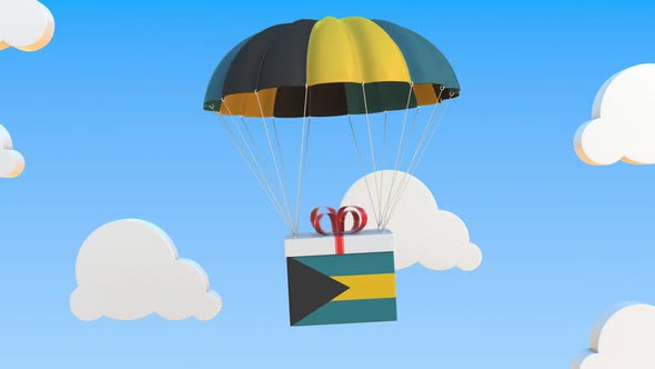 Box with Flag of Bahamas Falls with a Parachute