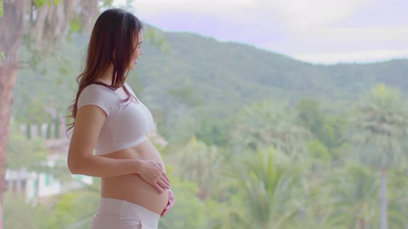 Pregnant Woman standing in front of nature mountain view and stroking her big belly with love