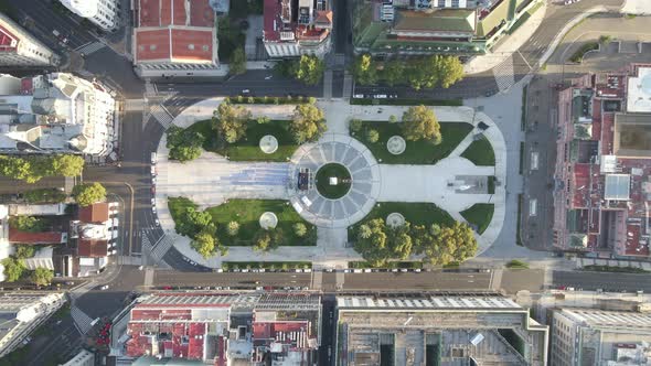 Aerial Drone top view of May Square, Buenos Aires Argentina. Flying down Plaza de Mayo, Government H