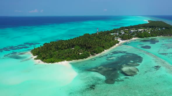 Aerial above nature of idyllic island beach break by clear water and white sand background of a picn