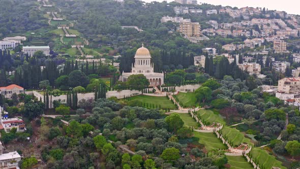 Bahai temple and gardens in Haifa, Israel, 4k aerial drone view