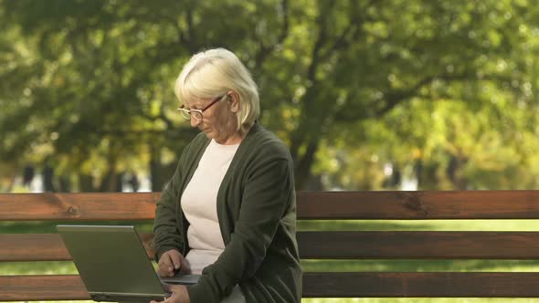 Old Lady Using Laptop and Resting on Bench in Park Elderly and Modern Technology