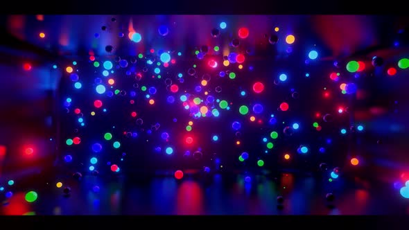 3D Abstract Creative Animation Background with Neon Glow Multicolored Spheres Inside Camera