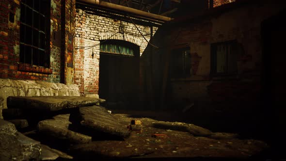 Abandoned Industrial Factory Buildings at Sunset