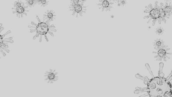Virus cell 3D render. Clear microorganism background with multiple virus molecules floating around.