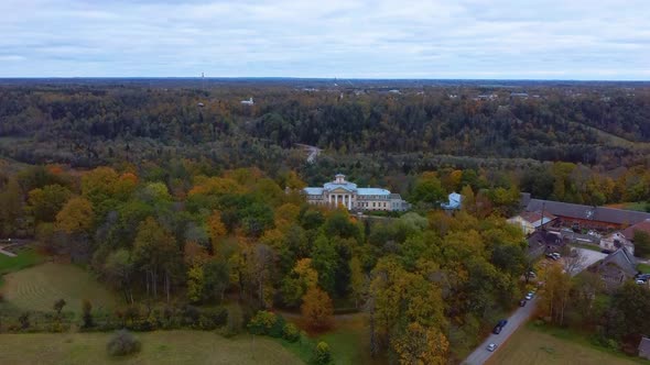 Aerial View of the Krimulda Palace in Gauja National Park Near Sigulda and Turaida, Latvia. Old Mano