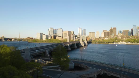 Pedestal Up Reveals Downtown Boston and Longfellow Bridge on Clear Summer Day