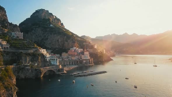 Yaht in Atrani Aerial By Dawn, Amalfi Coast