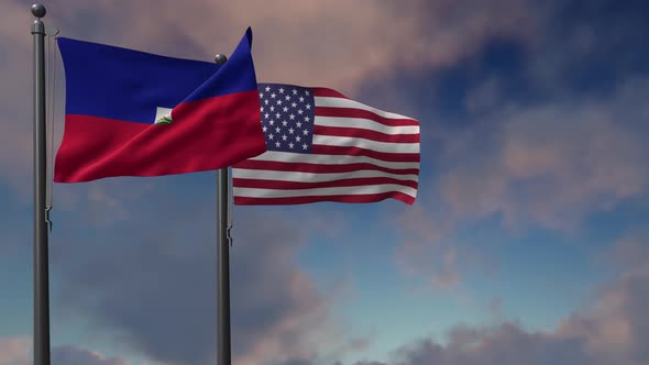 Haiti Flag Waving Along With The National Flag Of The USA - 4K