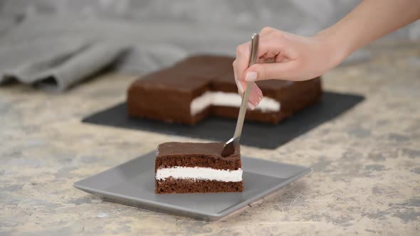 Women Eating Homemade Piece of Chocolate Cake.