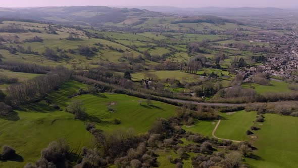 Hilly Landscape Green Pattern Grass Fields Winter Aerial Establishing Shot Broadway Worcestershire U